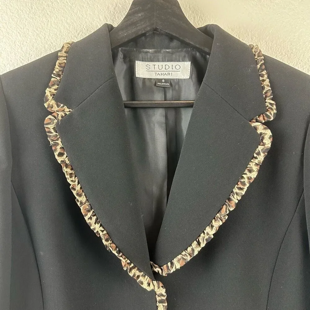 Studio Tahari Women's‎ 8 Cheetah Print Trim Black Blazer Jacket Elevated Basic